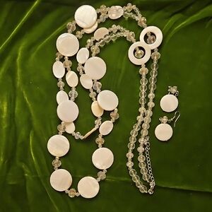 White Mother-of-Pearl Disc 28+3" Layered Long Necklace and Earring Set